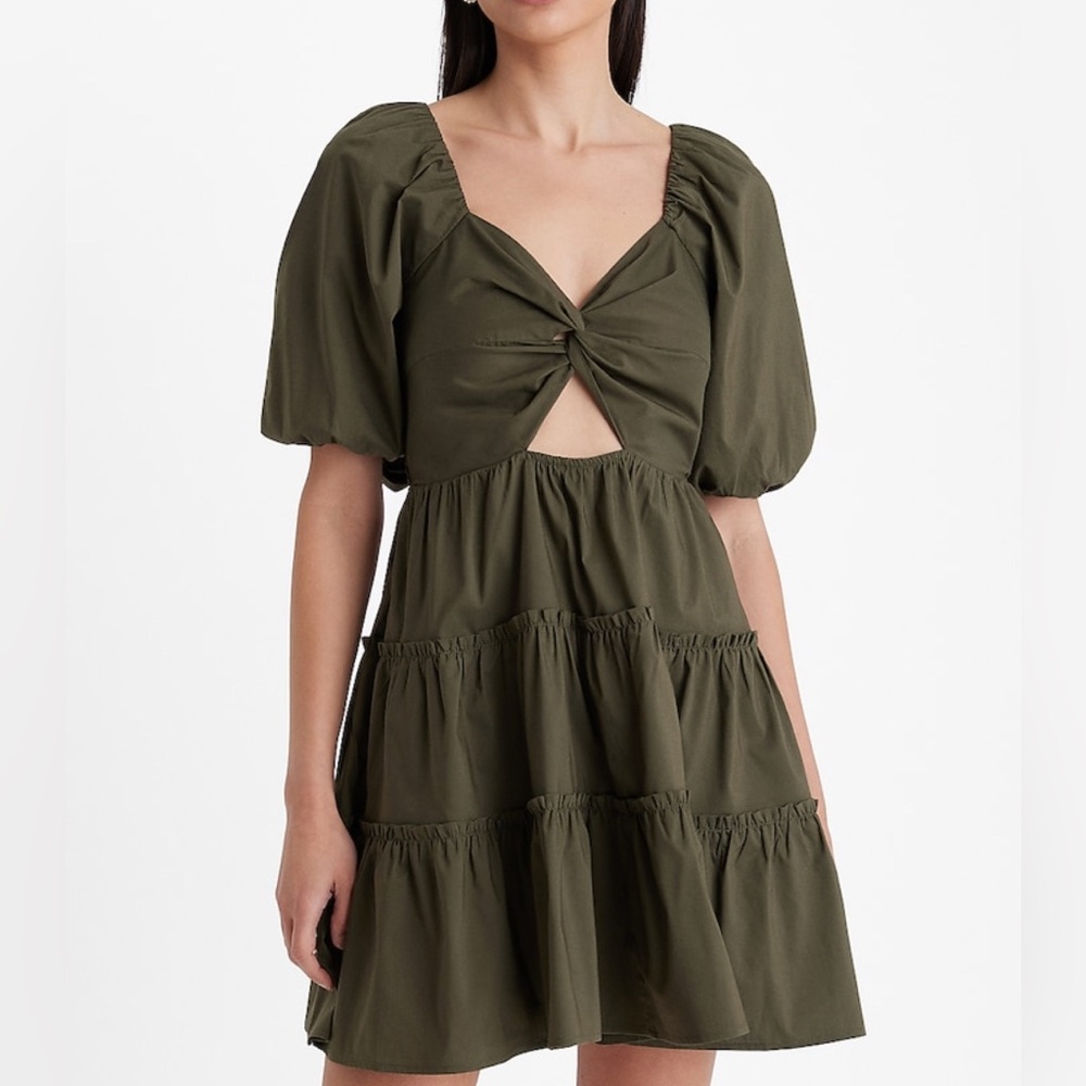 Express V Neck Puff Sleeve Mini Dress size Medium - olive